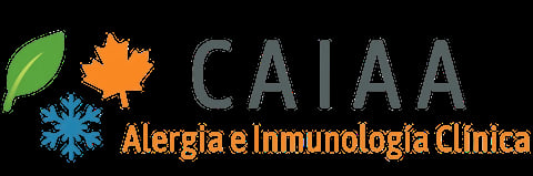 CAIAA logo with green leaf, orange maple leaf, and blue snowflake icons representing allergy and immunology clinical services