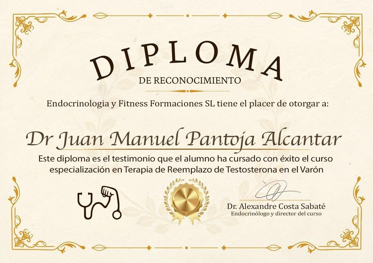 Certificate of Recognition diploma awarded to Dr Juan Manuel Pantoja Alcantar for completing an endocrinology and fitness training course